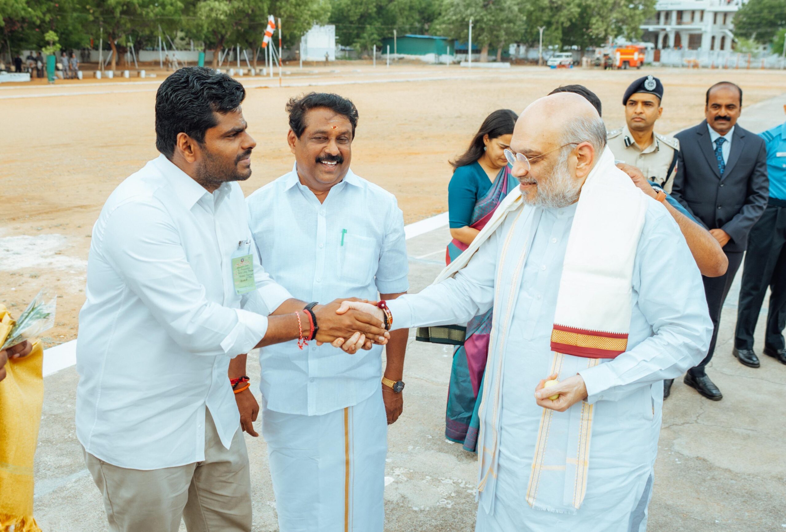 Union Home Minister Amit Shah with K Annamalai and Nainar Nagendran in Tirunelveli on Friday. (BJPTamilNadu/X)