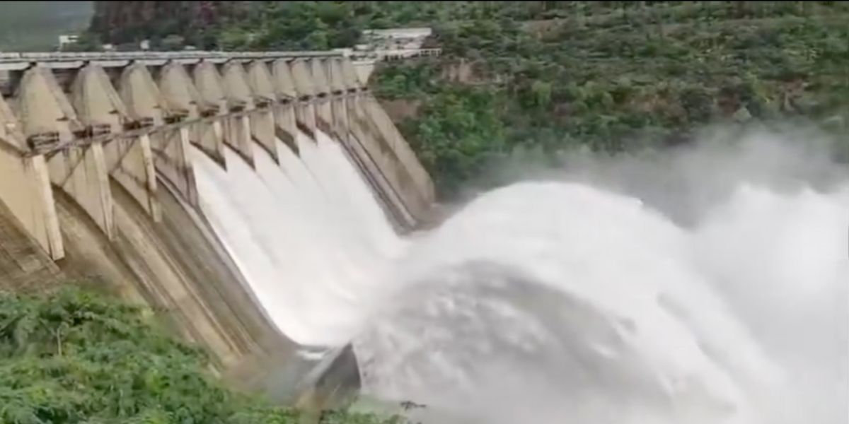 The gates of the Srisailam dam have been opened to release water.