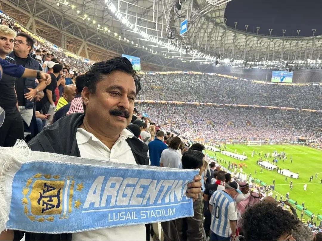 Sports Minister V Abdurahiman at the Lusail Stadium, Qatar during the Qatar FIFA World Cup in 2022.