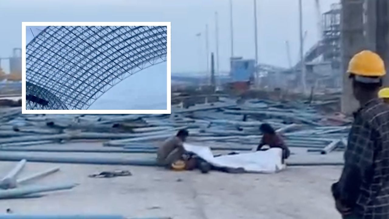 Workers place a shroud over a deceased colleague amid the debris from the collapsed scaffolding; (inset) the bend structure on which they had been working prior to the collapse.