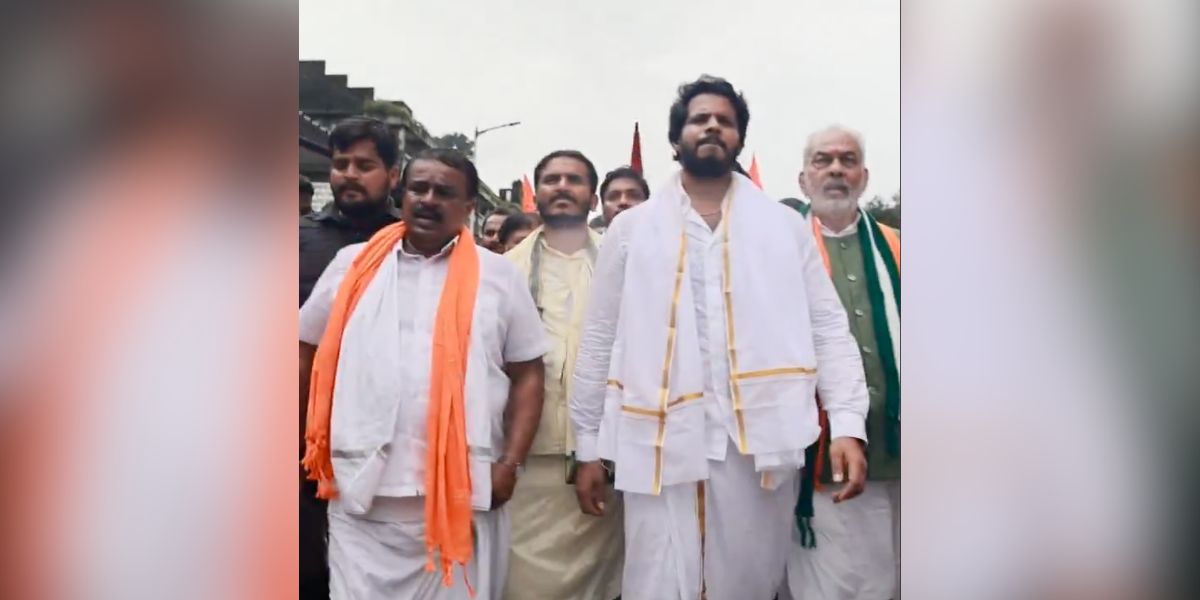 JD(S) leader Nikhil Kumaraswamy leading the Satya Yatra in Dharmasthala.