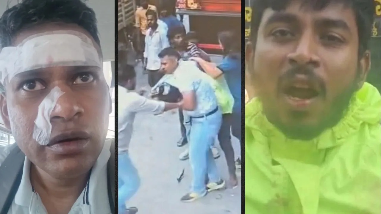 Wing Commander Shiladitya Bose (left) sports bandages on his face after the incident. He said he was attacked for his inability to speak Kannada. (Centre) CCTV footage of passersby trying to separate the fighting men. (Right) Vikas Kumar SJ, who told the high court that he was not physically assaulted.