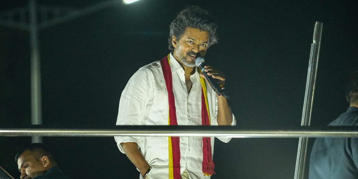 TVK chief Vijay during his rally in Karur. (TVK)