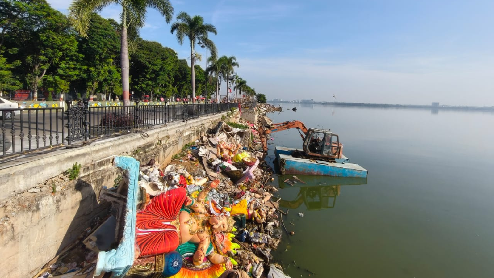The aftermath of idol immersions at Hyderabad's Hussain Sagar