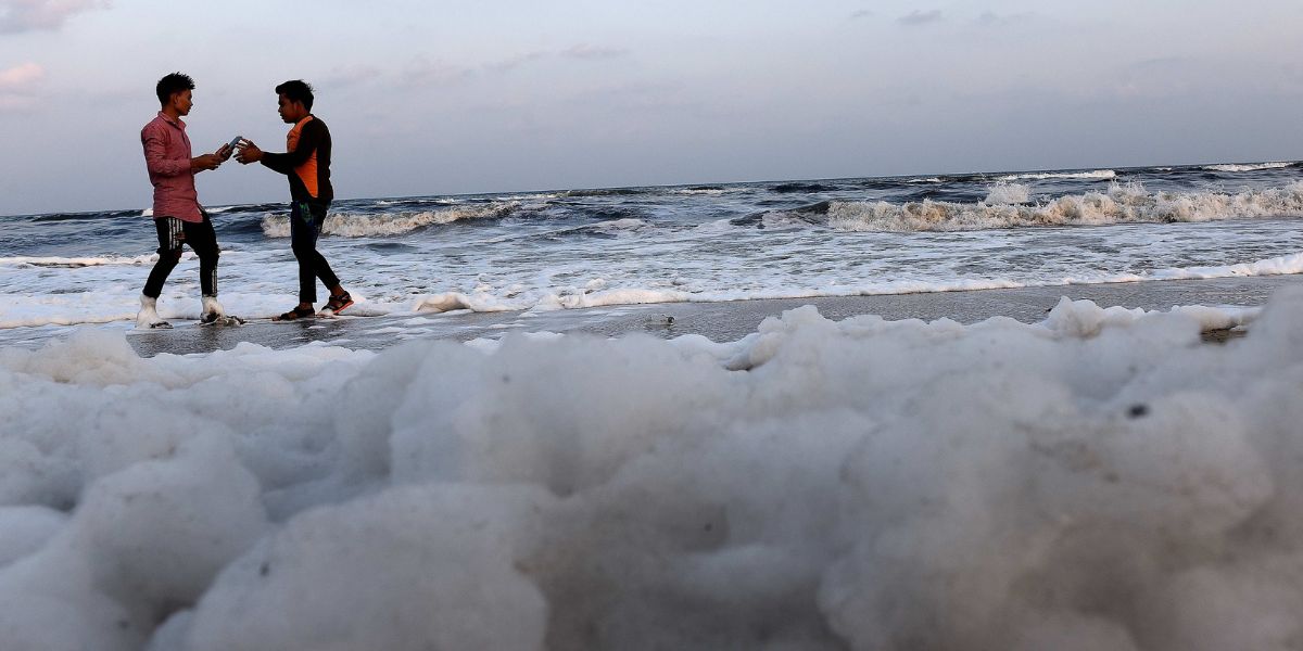 File image of froth formation in Marina beach.