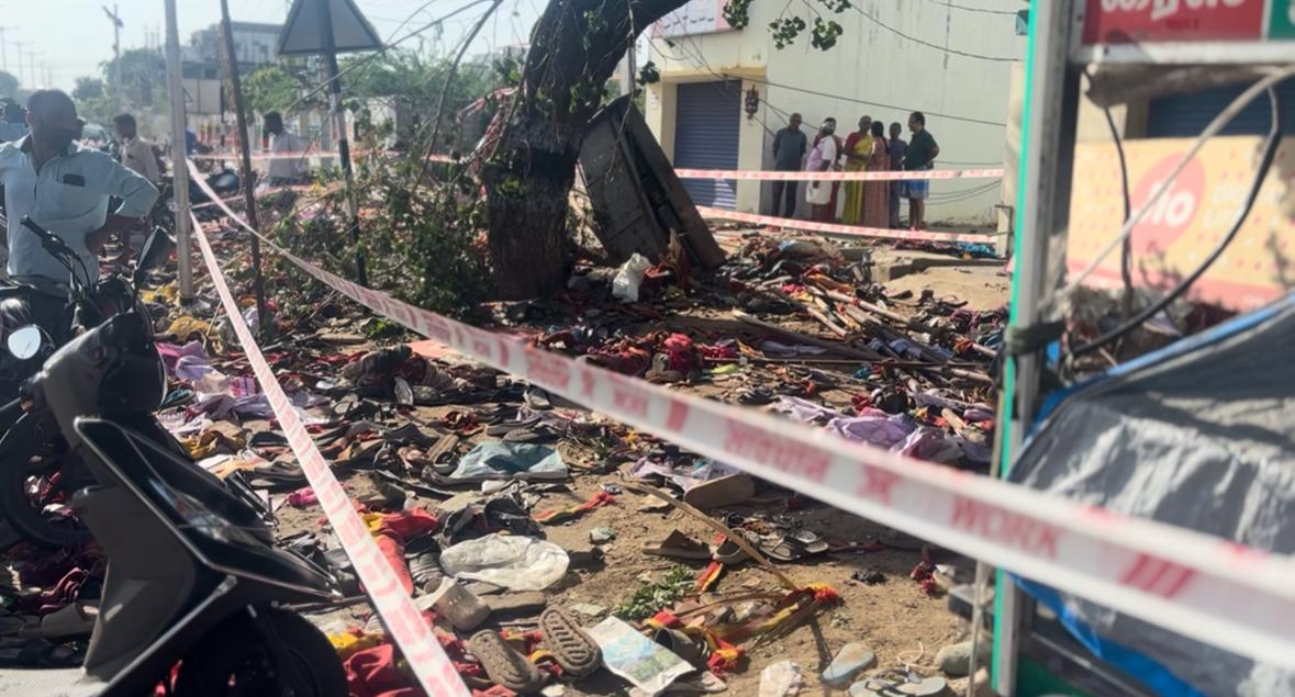 Reminder of a fatal rally. Footwear strewn around at the venue after the stampede.