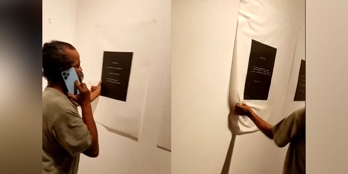 Six works by an international artist displayed at the Durbar Hall Gallery in Kochi, Kerala, as part of the ongoing international exhibition Estranged Geographies, were vandalised.