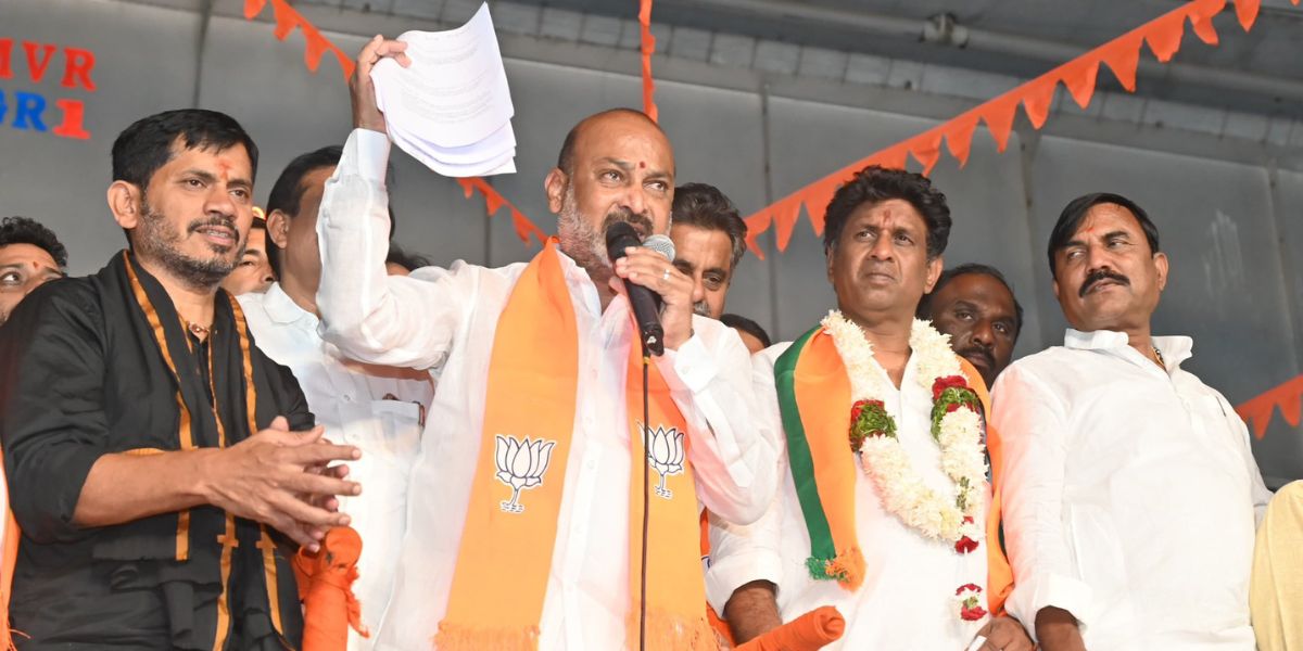 Bandi Sanjay Kumar during an election campaign rally in Jubilee Hills.