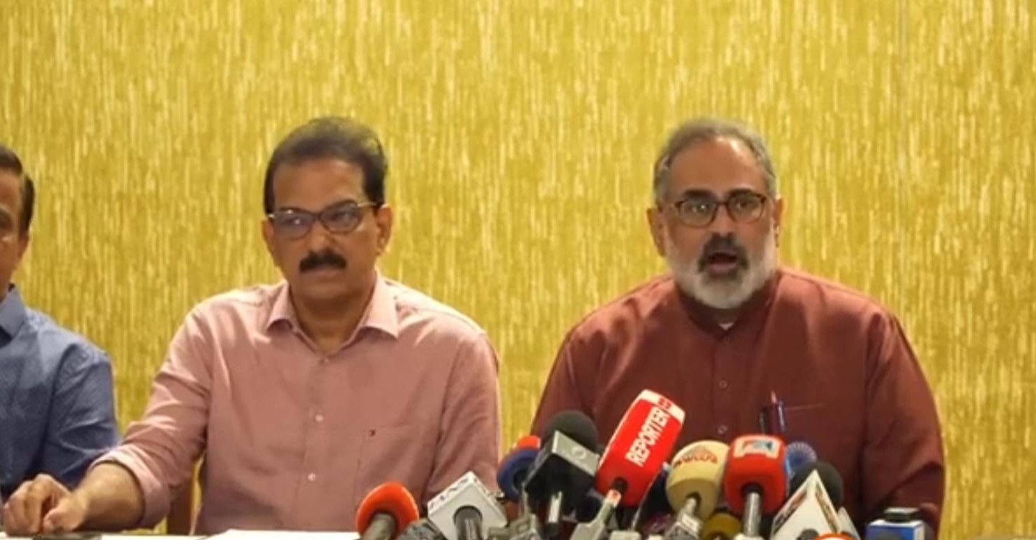 Twenty20 chief Sabu M Jacob with BJP state president Rajeev Chandrasekhar in Thiruvananthapuram