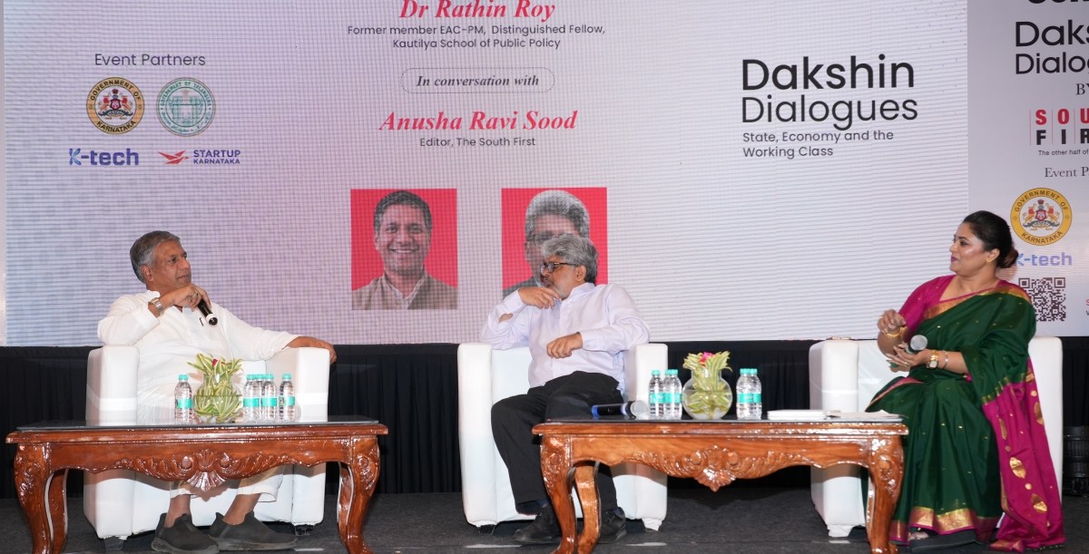 Arvind Bellad and Rathin Roy at the concluding session of Dakshin Dialogues-2026. Anusha Ravi Sood is also seen.