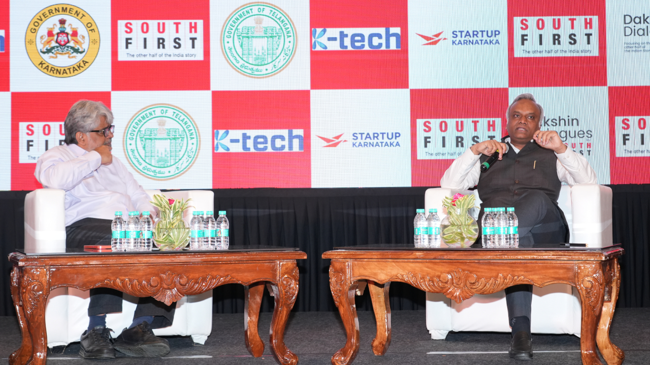 Karnataka IT&BT Minister Priyank Kharge (R) with renowned economist Rathin Roy at the Dakshin Dialogues 2026.