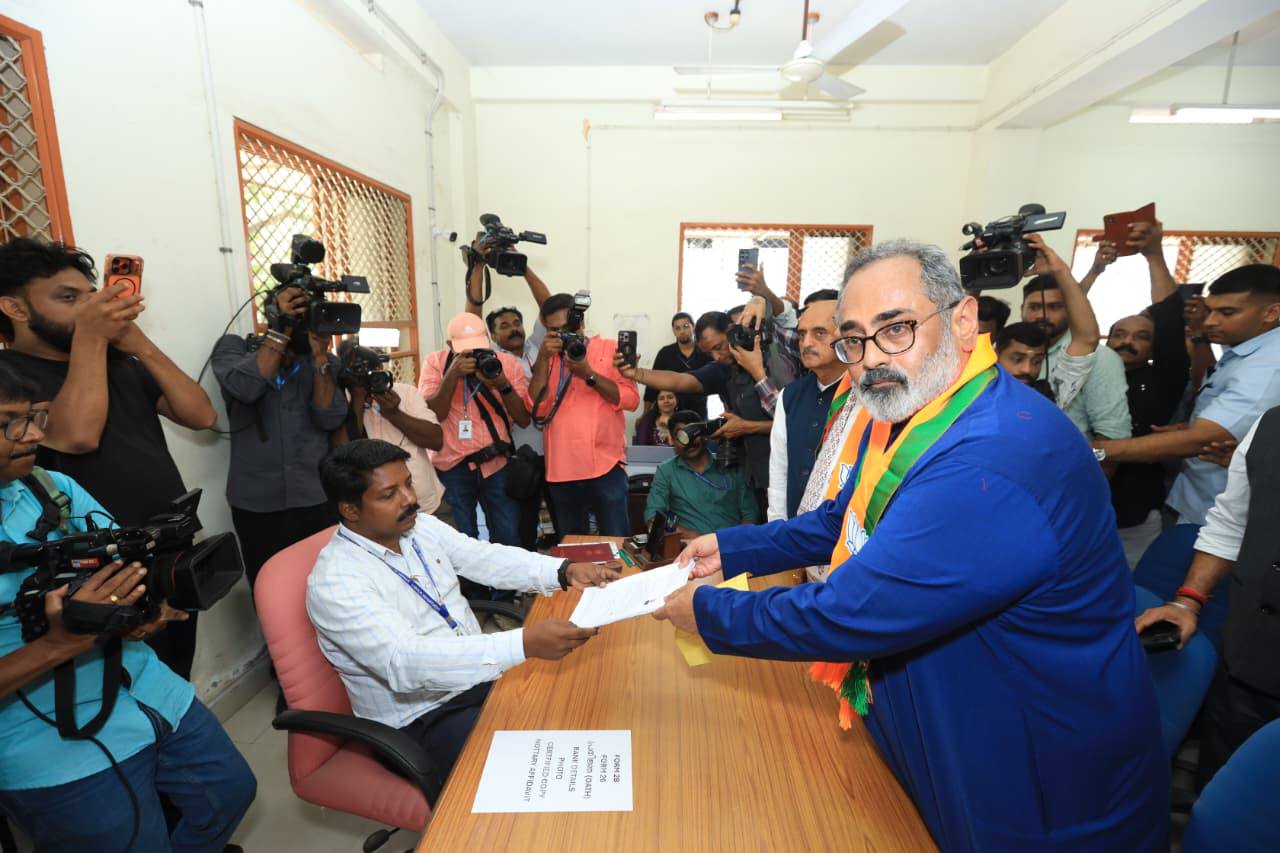 BJP state chief Rajeev Chandrasekhar filing his nomination papers on 21 March.
