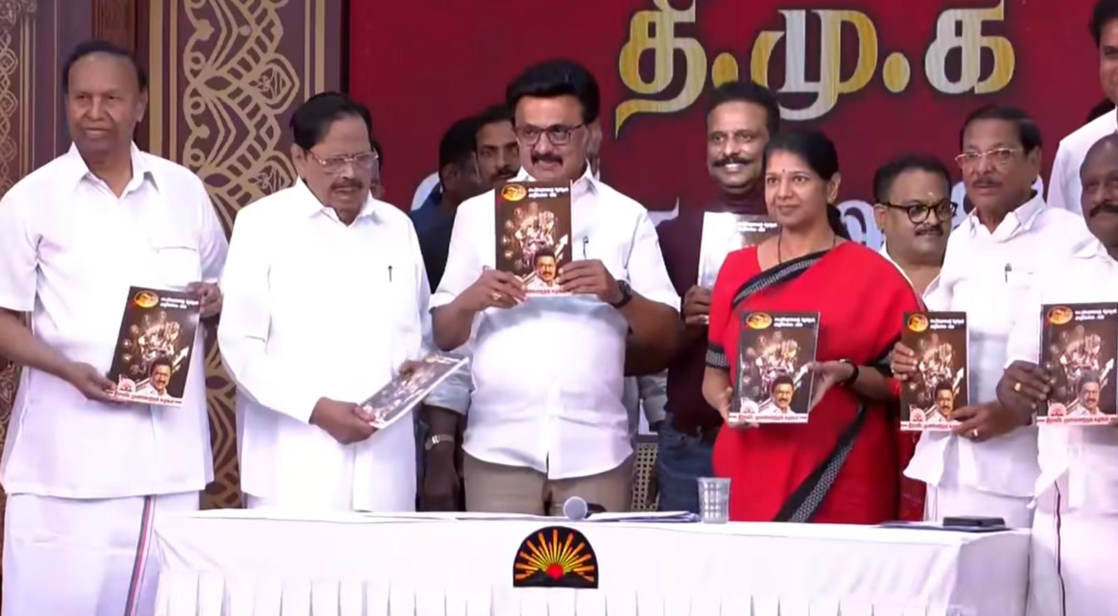 DMK President MK Stalin and other leaders unveiling the party's manifesto at Anna Arivalayam on Sunday.