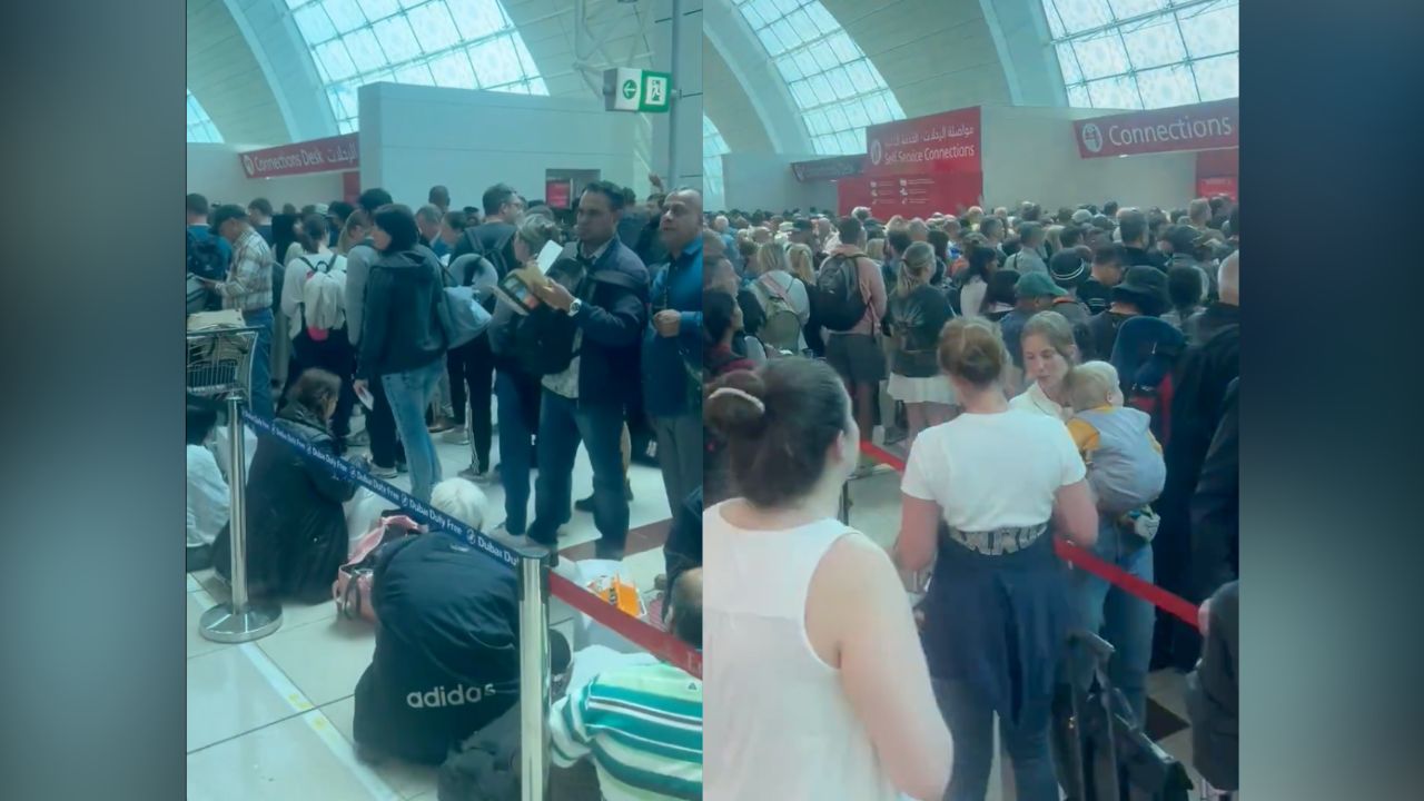 People stranded at an airport in Dubai.