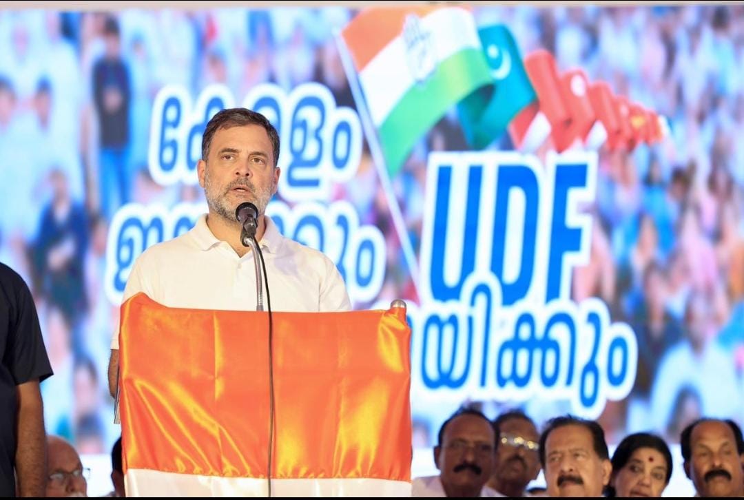 Rahul Gandhi addressing an election campaign rally in Pathanamthitta on Monday.