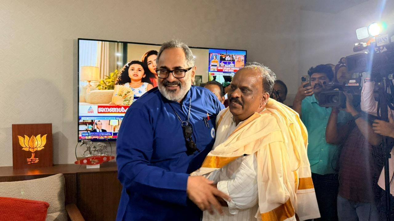 BJP state president and MLA Rajeev Chandrasekhar congratulating BB Gopakumar after he was made the Legislative Party leader.