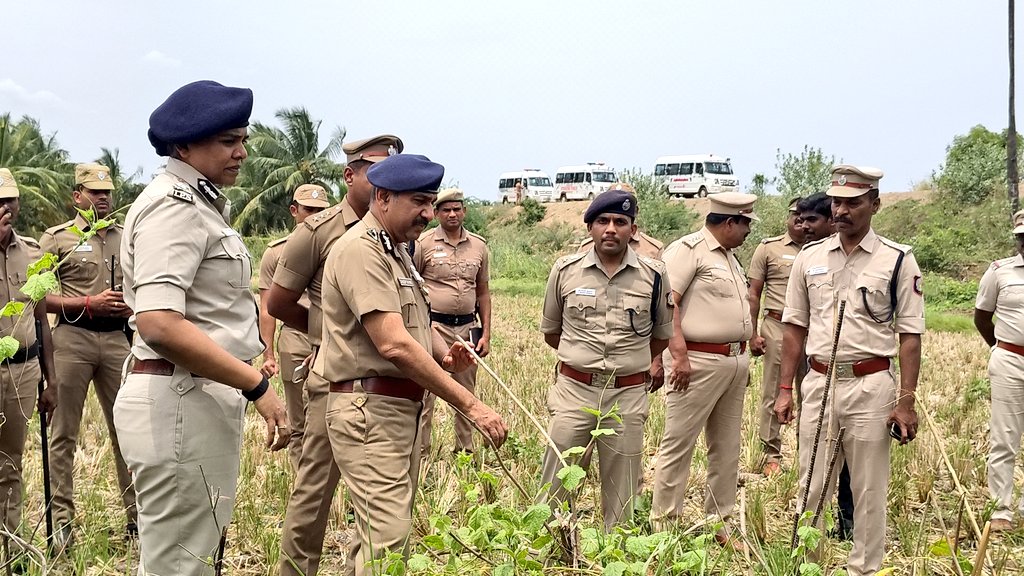 IG Ramya Bharathi, DGP Sandeep Rai Rathore, and ADGP Maheshwar Dayal at the scene of the crime along with other officers. (Supplied)