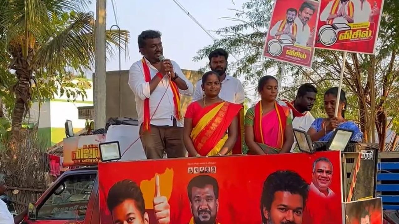 TVK's Seenivasa Sethupathy R during campaigning.