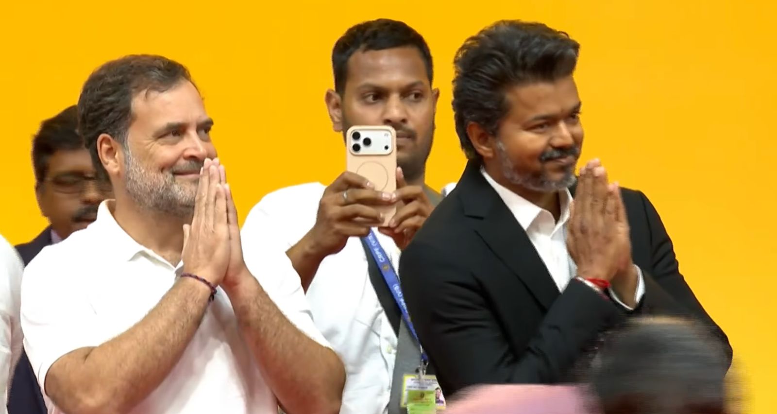 Vijay with Rahul Gandhi at the swearing-in ceremony.
