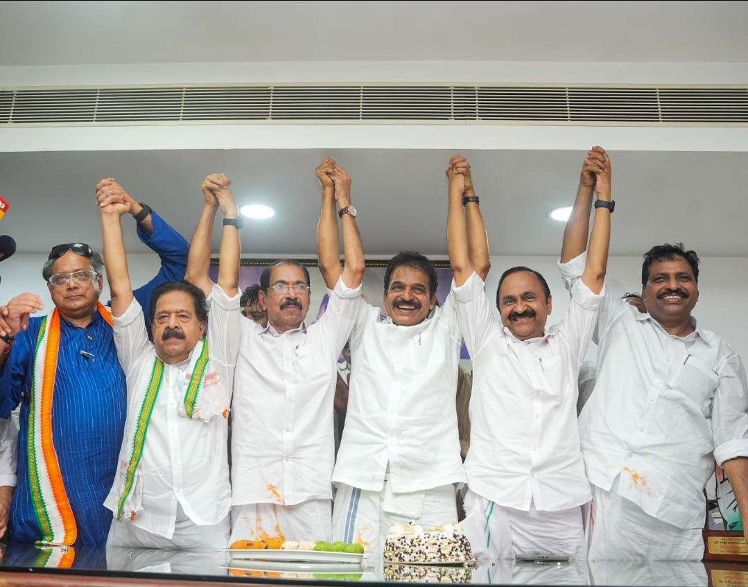 Congress leaders at the KPCC office following the victory in the Assembly elections on 4 May