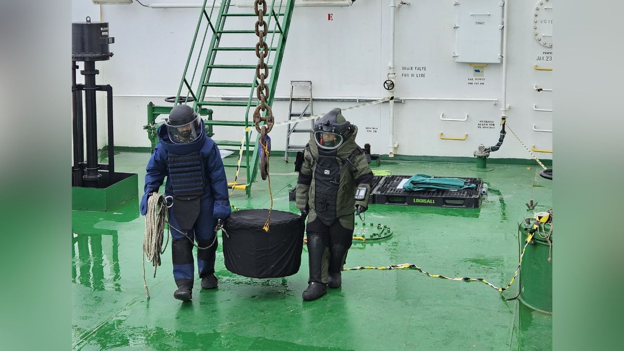 An Indian Navy EOD team successfully recovered an unexploded missile warhead from MT Olympic Life