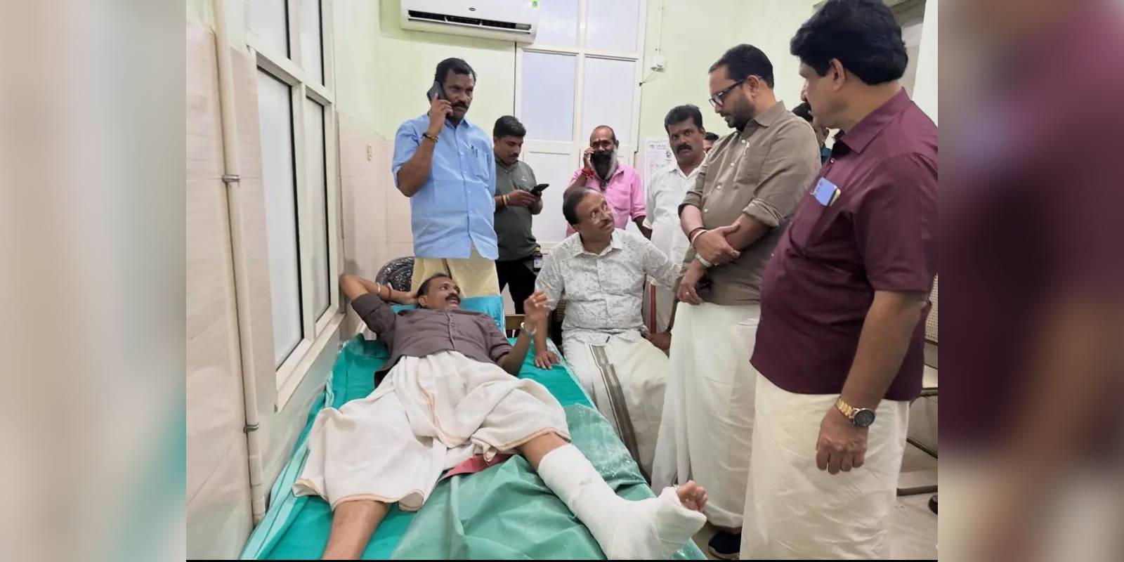 Thiruvananthapuram Corporation Mayor V V Rajesh with one of his legs plastered at the GMCH