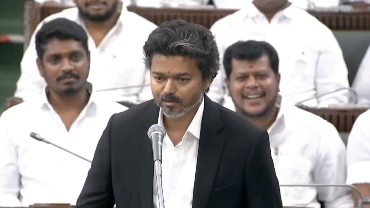 Tamil Nadu Chief Minister C Joseph Vijay speaking in the state Assembly..