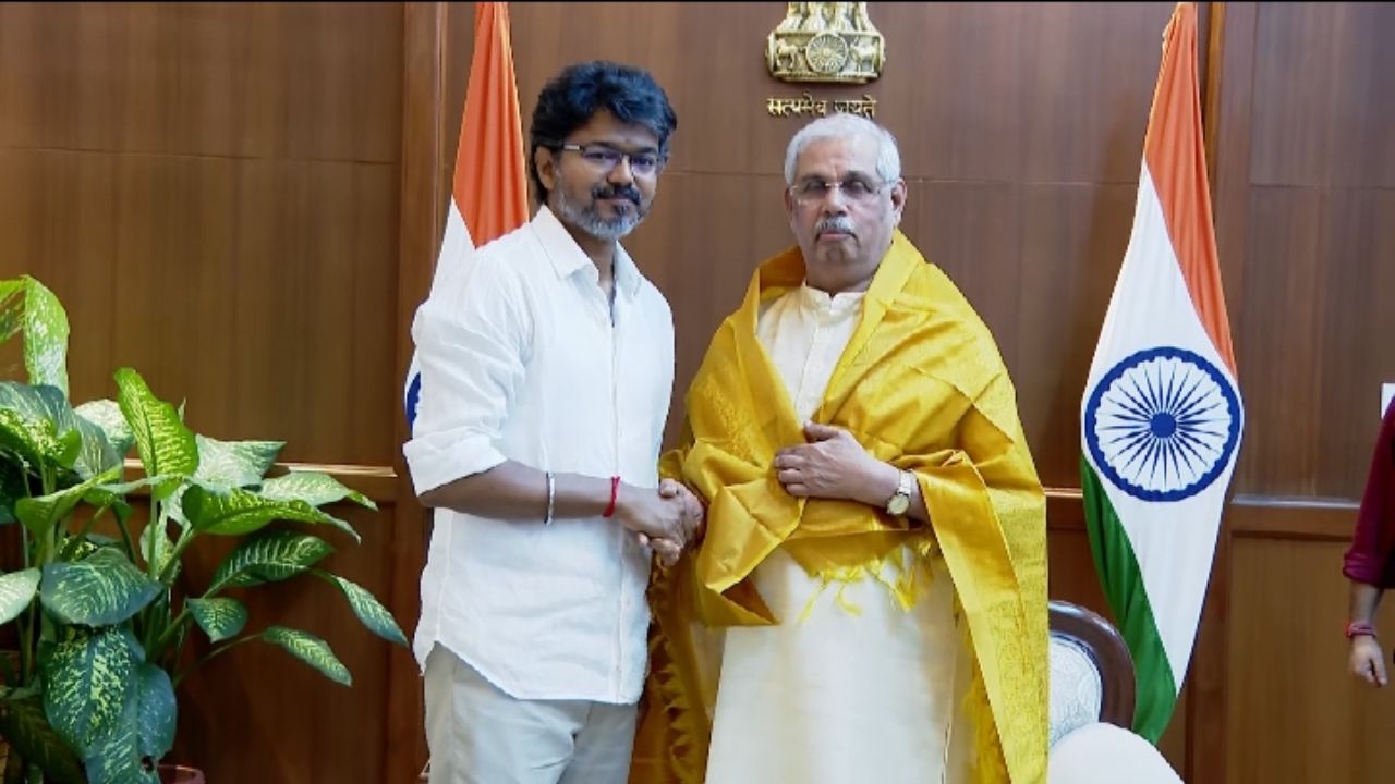 Tamil Nadu Chief Minister C Joseph Vijay with Governor Rajendra Vishwanath Arlekar.