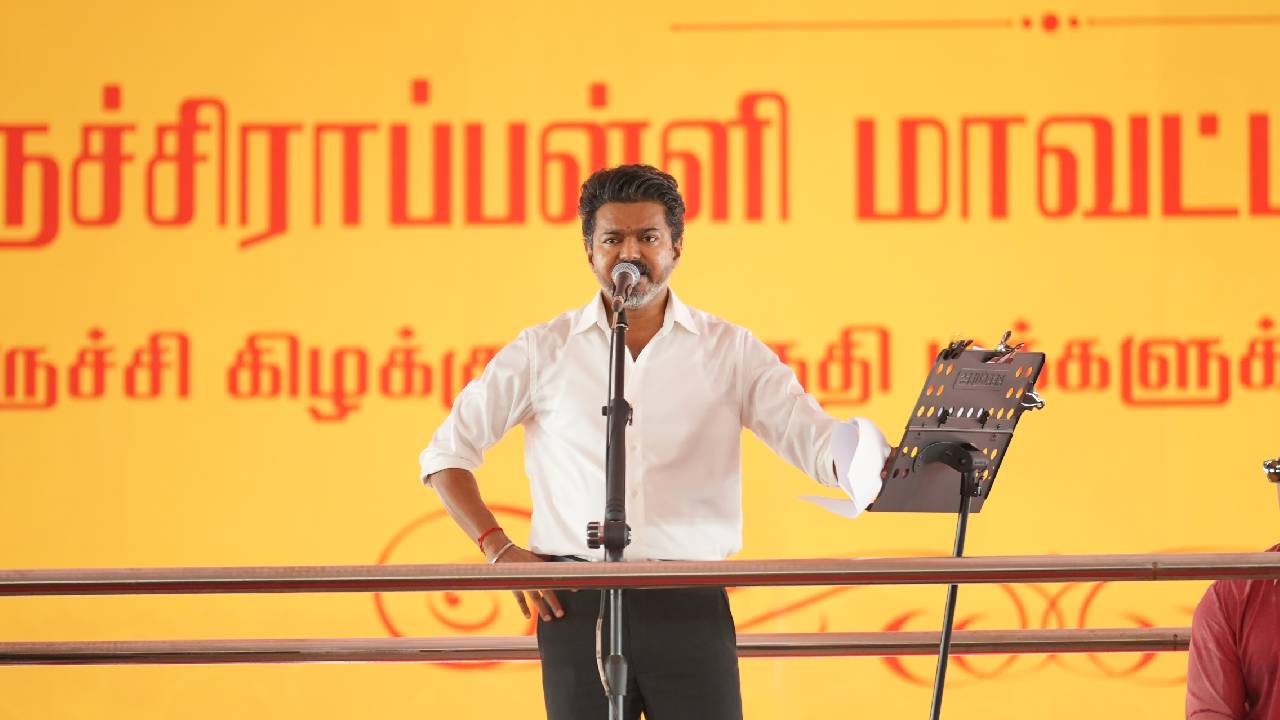 Tamil Nadu Chief Minister C Joseph Vijay addressing a rally in Tiruchirappalli on Monday, 1 June.