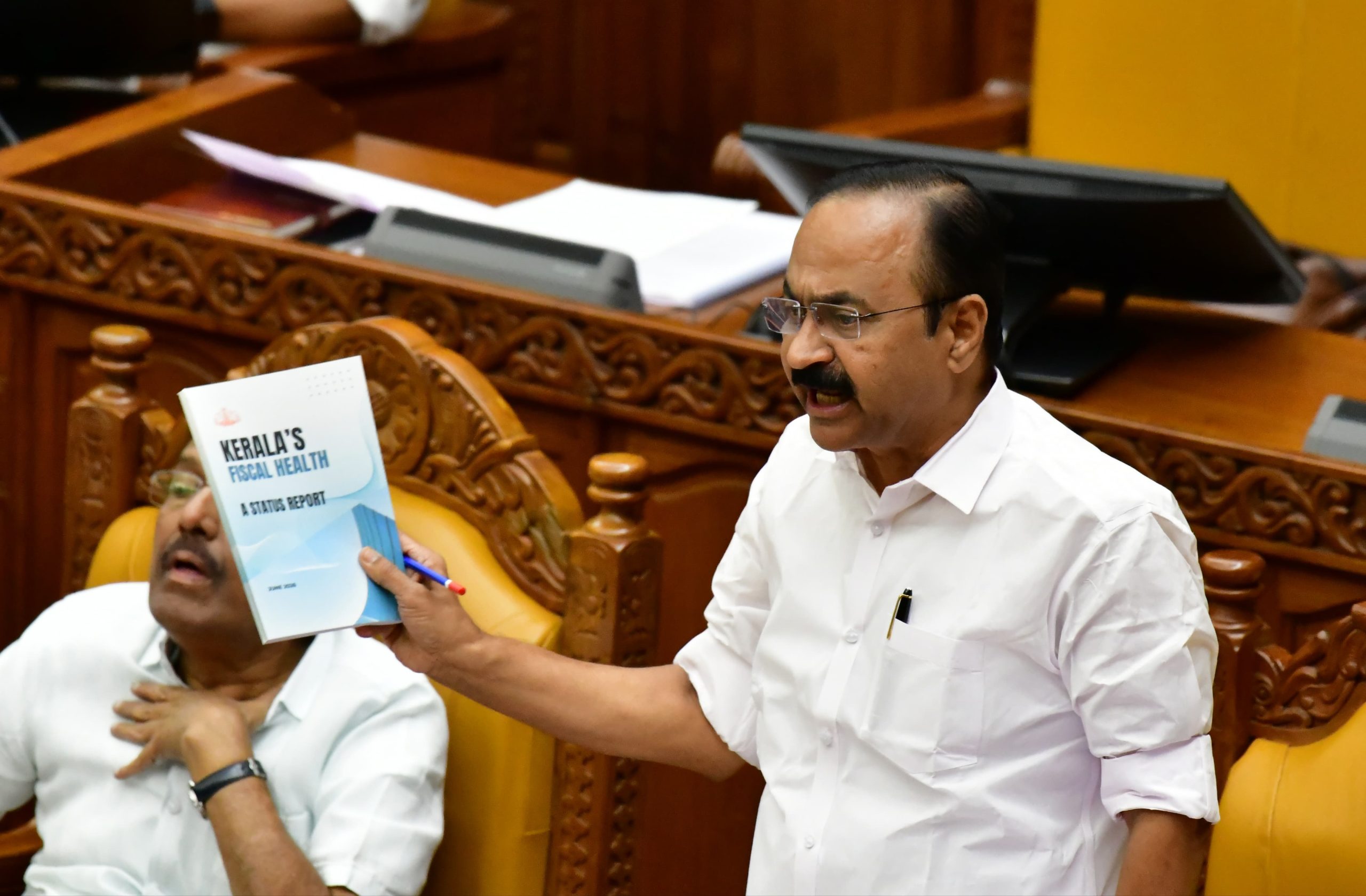 Chief Minister V D Satheesan tabling 'Kerala’s Fiscal Health: A Status Report' in the Assembly on Thursday.