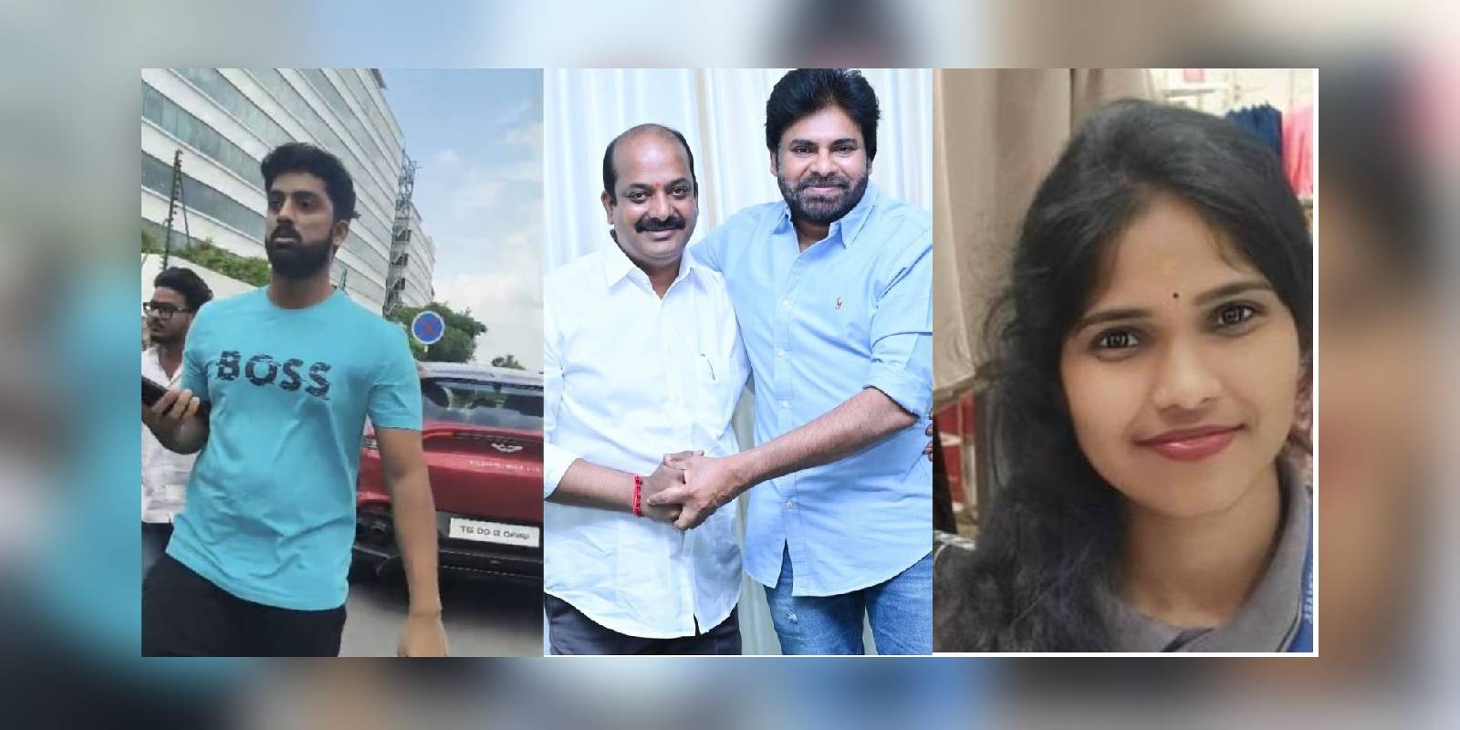 Sanjush and his Aston Martin (left); his father, Lingamaneni Ramesh, and AP Deputy CM Pawan Kalyan (centre); Bharati Mukhi (right).