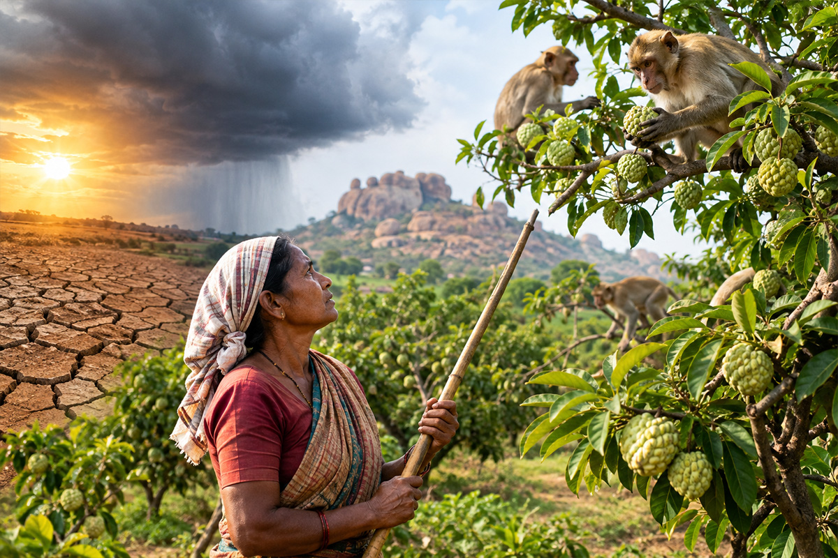 The fruit faces threats from two very different forces: the climatic uncertainty associated with El Niño, growing monkey menace. (AI-generated image)