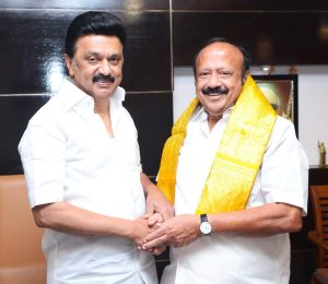 M. R. K. Panneerselvam standing beside former Tamil Nadu Chief Minister M. K. Stalin.