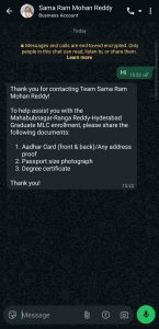 Screengrab of a text exchange with MLC candidate Sama Ram Mohan Reddy's WhatsApp Business Account