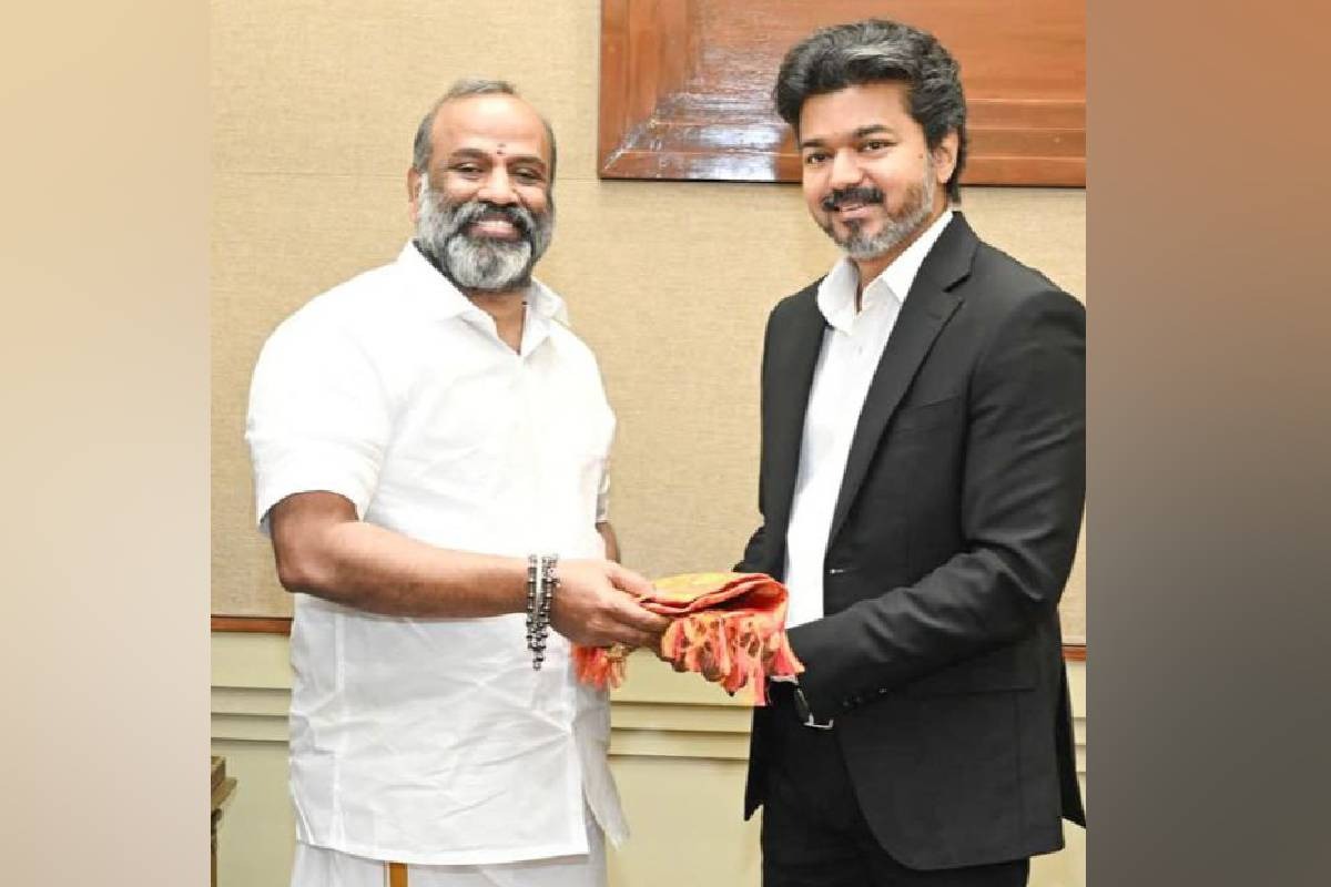A photograph dated July 3, 2026, shows News Tamil 24x7 director R. Premkumar presenting a shawl to Tamil Nadu Chief Minister C Joseph Vijay.
